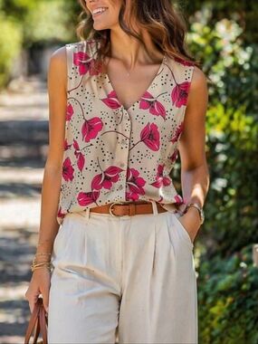 Cabi Pink Floral Polka Dot Blouse Sleeveless Button Front Cream Lightweight Chic